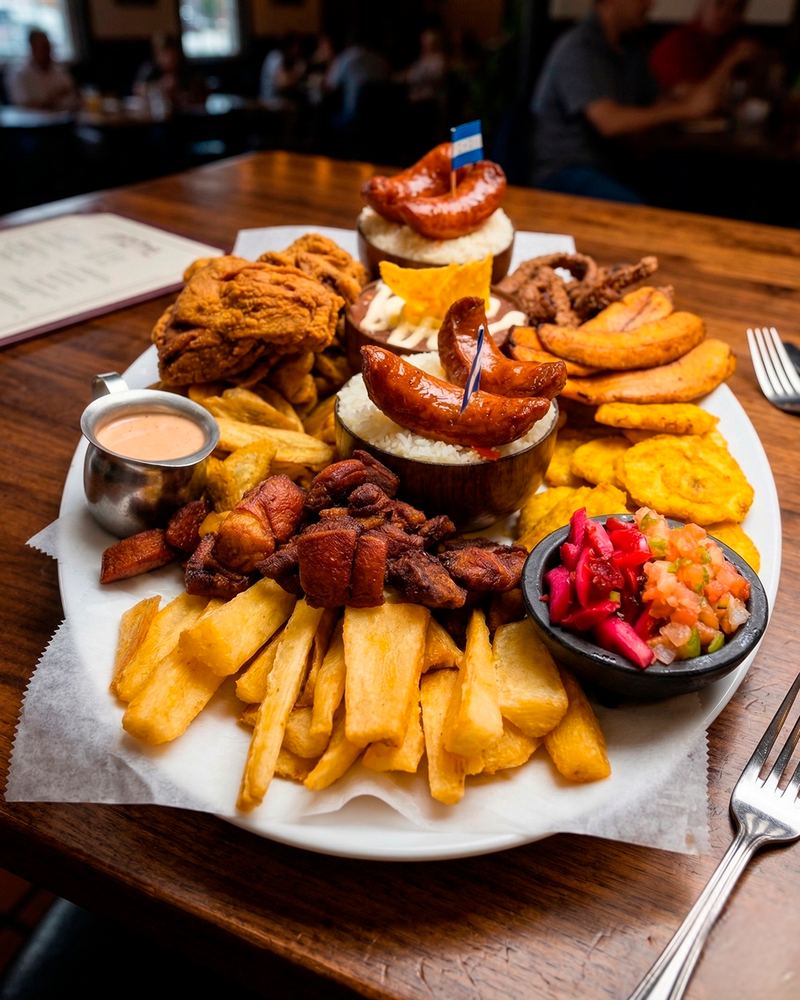 Chorizo catracho con pollo frito, tostones y yuca sobre un plato grande