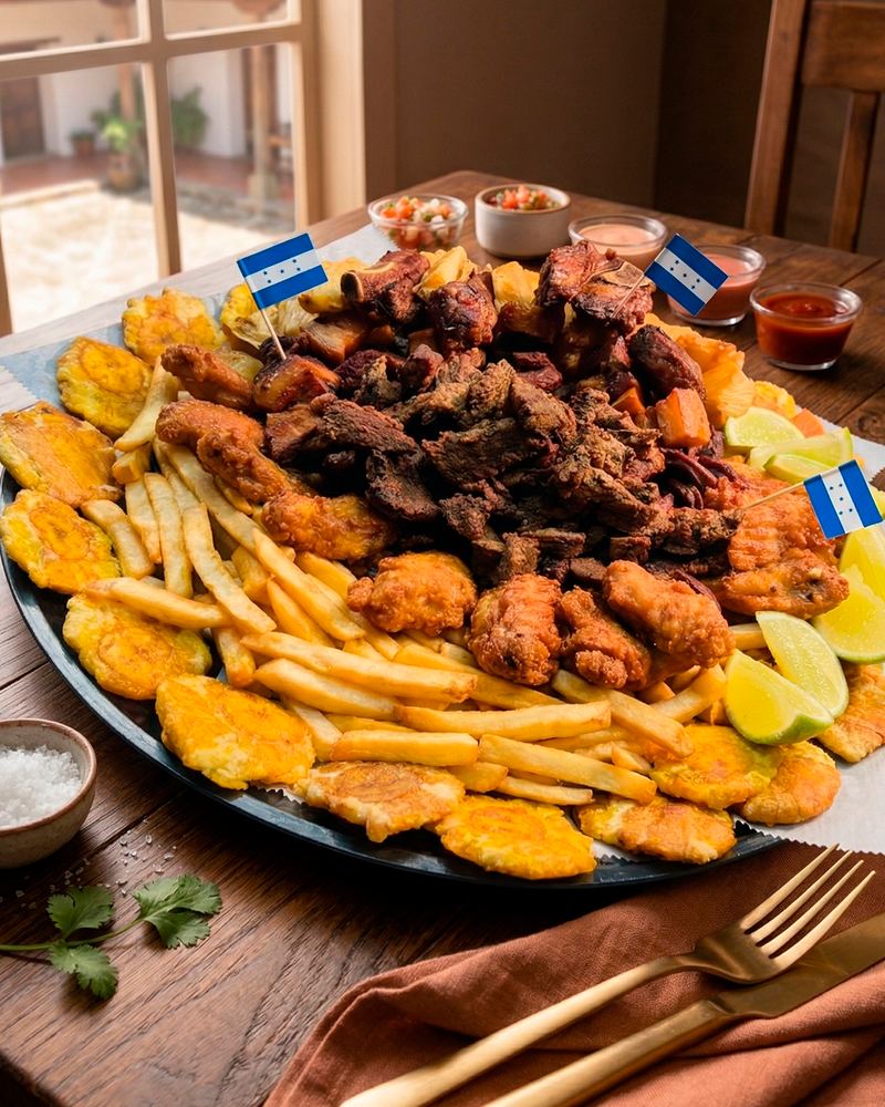 Plato combinado hondureño con costillas, chorizo, tajadas de plátano y banderas de Honduras