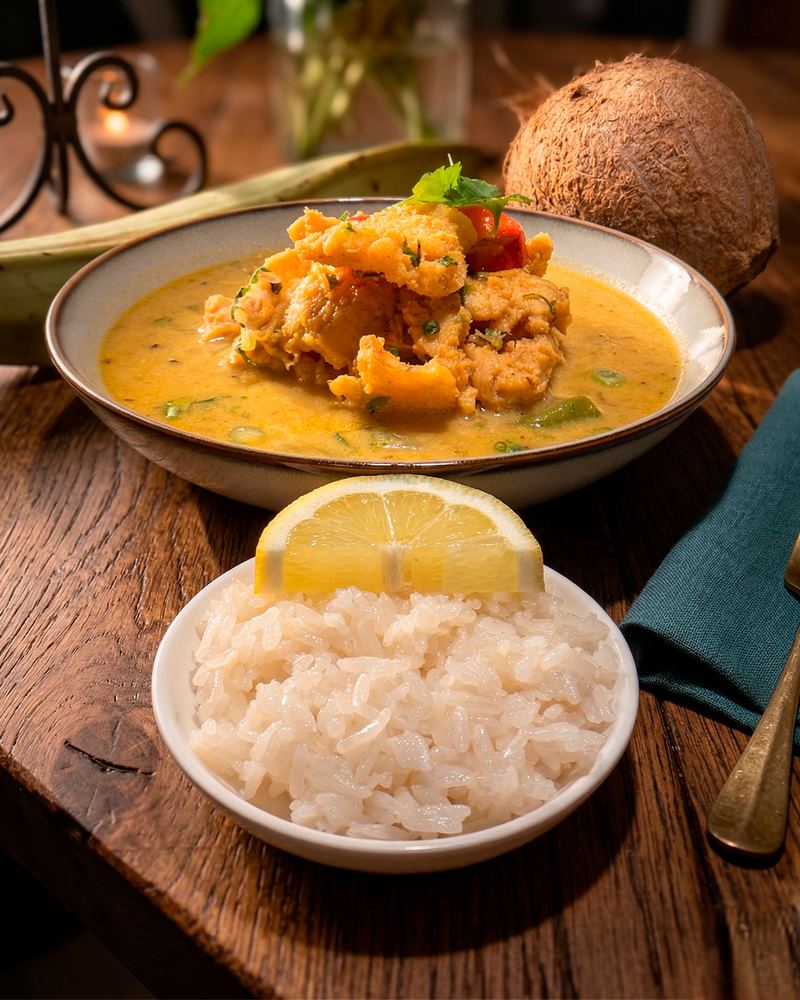 Pescado en salsa de coco con arroz y coco