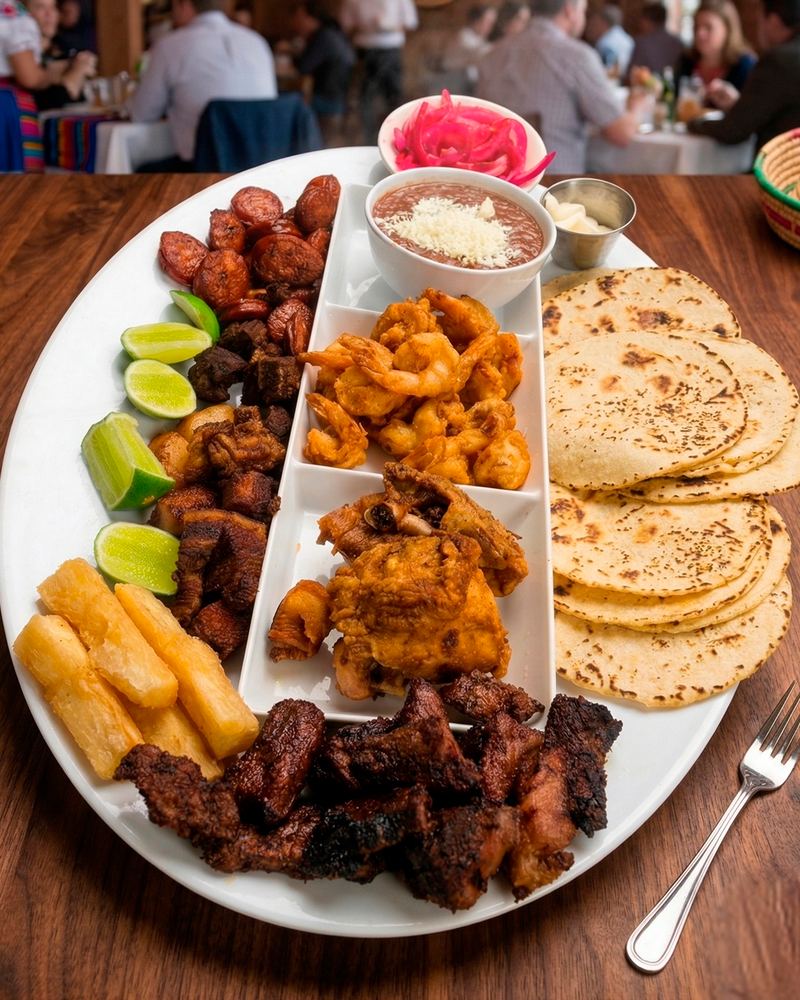Tres platos combinados servidos en una mesa de madera, vista completa