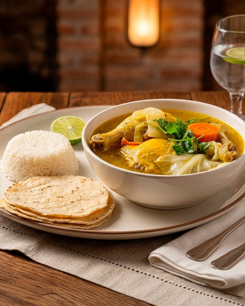Caldo de pollo hondureño con arroz, tortillas y limón