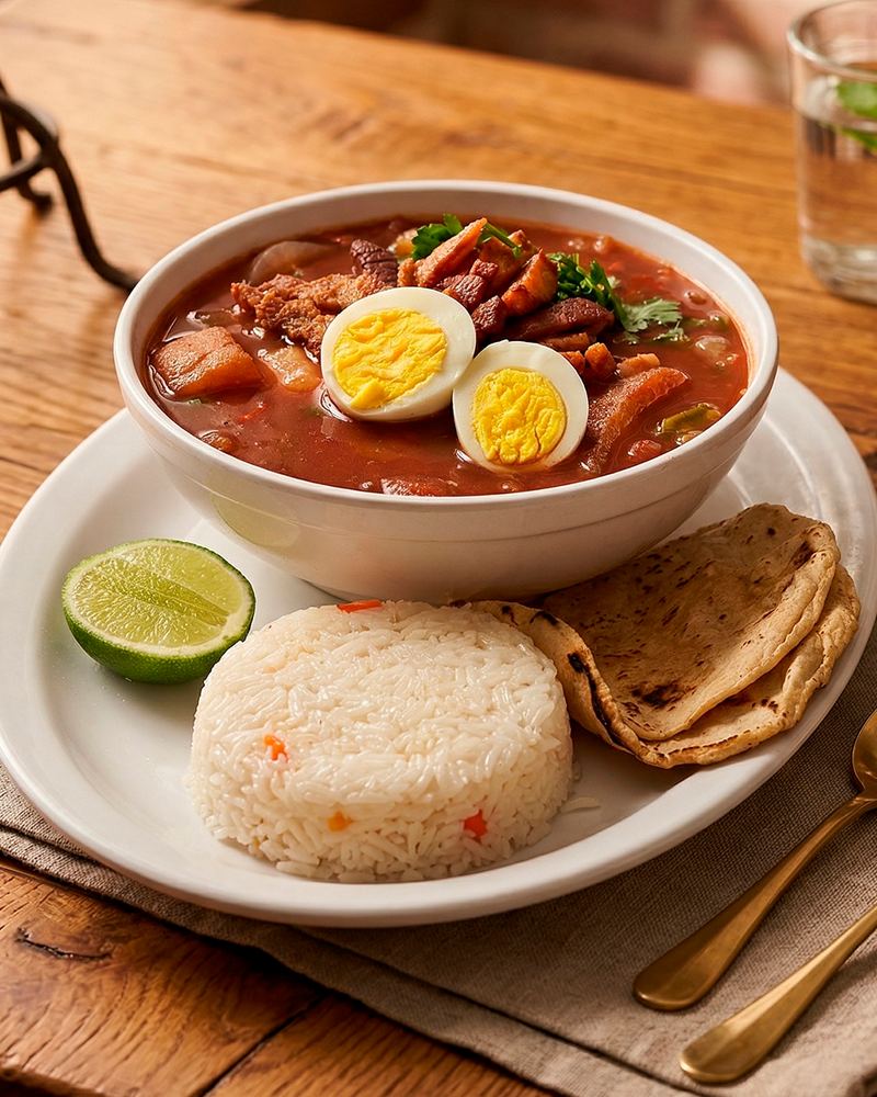 Sopa de mondongo con huevo, arroz y tortillas