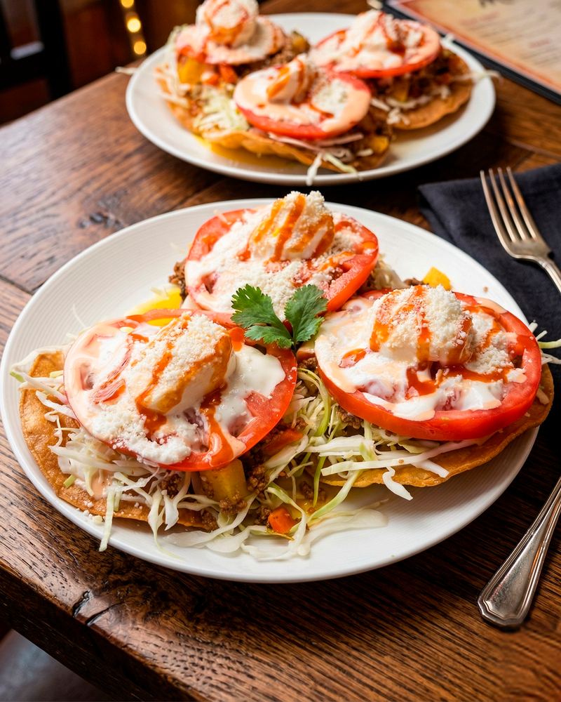 Tostadas mexicanas con carne, tomate, crema y queso