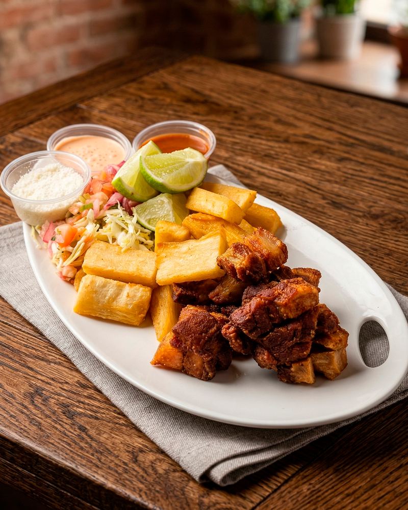 Yuca frita con chicharrón, curtido y salsas